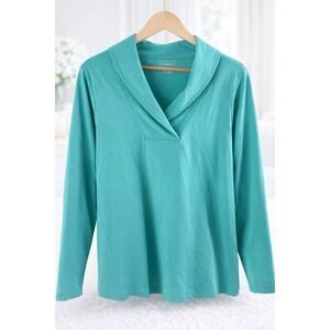 L.L. Bean Cotton Knit Top Shawl Collar Long Sleeve Teal Blue Green Women's  XL